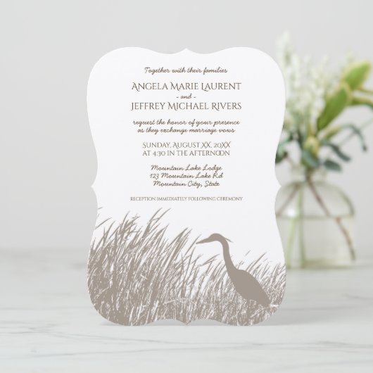 ブルー素晴らしヘロンシルエット素朴結婚性の 招待状 (スタンド正面)