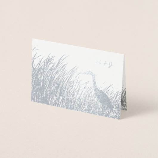 ブルー素晴らしヘロンシルエット自然愛好家ラスティック 箔カード (正面)