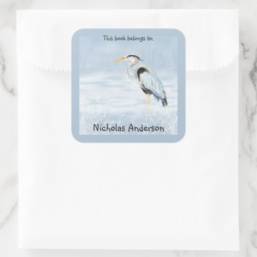 ブルー素晴らしヘロンバード自然アート蔵書票 スクエアシール (バッグ)