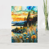 ブルー素晴らしヘロンマウンテンサンライズ 箔グリーティングカード (裏面)