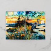 ブルー素晴らしヘロンマウンテンサンライズ 箔グリーティングカード (外側レイダウン)