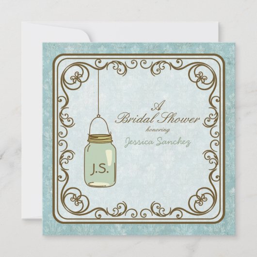 ブルー素朴アンドブラウンメイソンジャーブライダルシャワー 招待状 (正面)