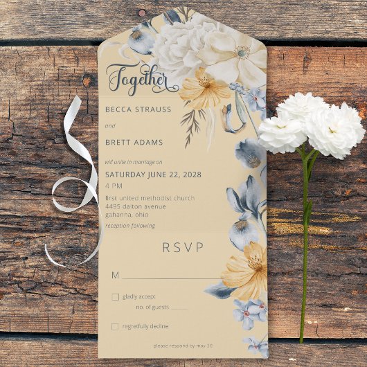 ブルー素朴イエロー&ホワイトフローライエローNoディナー オールインワン招待状