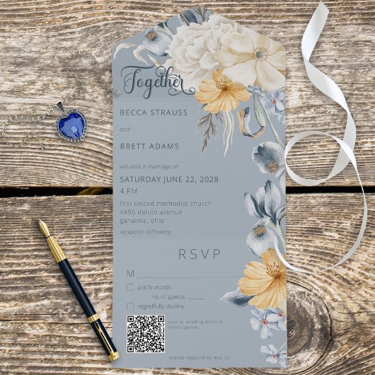 ブルー素朴イエロー&ホワイトフローラブルーQRコード オールインワン招待状