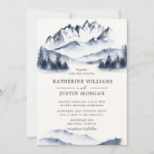 ブルー素朴ウォーターカラーマウンテン結婚式招待状 (正面)
