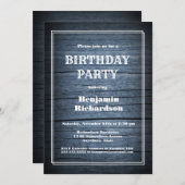 ブルー素朴ウッドエイジ誕生日パーティー 招待状 (正面/裏面)