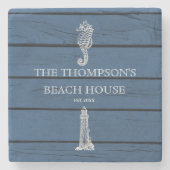 ブルー素朴ウッドシーホースライトハウスビーチハウス ストーンコースター (正面)