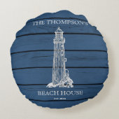 ブルー素朴ウッドシーホースライトハウスビーチハウス ラウンドクッション (裏面)