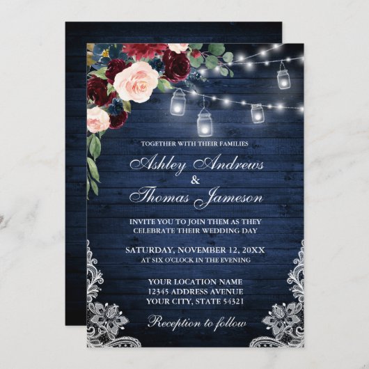 ブルー素朴ウッドジャースブルガンディブルーフローラ結婚ズ 招待状 (正面/裏面)