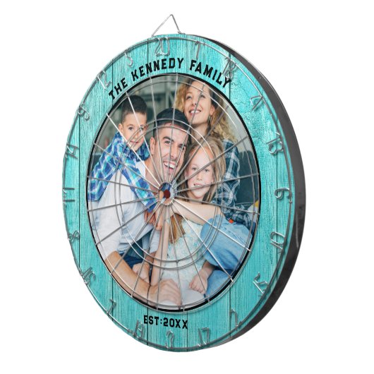 ブルー素朴ウッドビーチハウスファミリー名写真 ダーツボード (正面右)