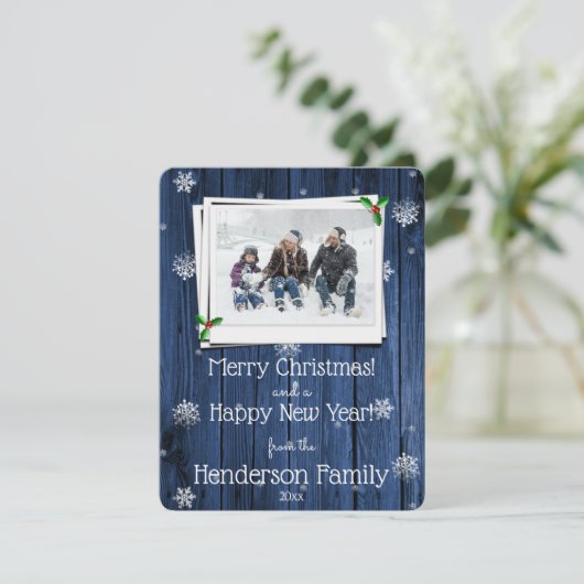 ブルー素朴ウッドフラットホリデーフォトカード シーズンカード (スタンド正面)