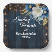 ブルー素朴ウッドホワイトフローラサンデーブランチ ペーパープレート (正面)