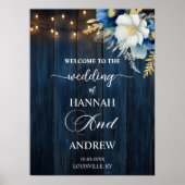 ブルー素朴ウッドホワイトフローラ結婚ズ・ウェルカム ポスター (正面)