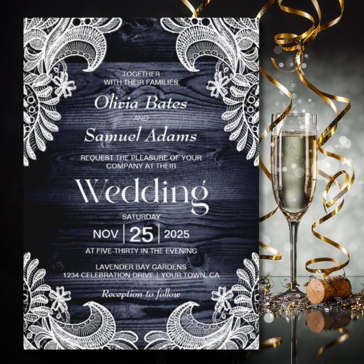 ブルー素朴ウッドホワイトレース結婚ズ 招待状