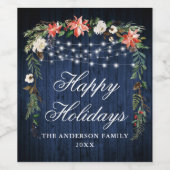 ブルー素朴ウッドポインセティアスライツホリデイ ワインラベル (シングルラベル)