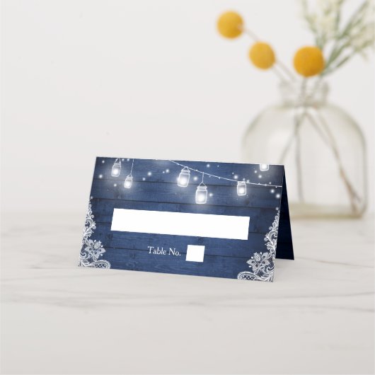 ブルー素朴ウッドメイソンジャイルライツレース結婚ズ プレイスカード (正面)