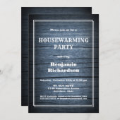 ブルー素朴ウッド引っ越し祝いパーティーパーティー 招待状 (正面/裏面)