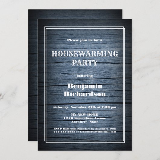 ブルー素朴ウッド引っ越し祝いパーティーパーティー 招待状 (正面/裏面)