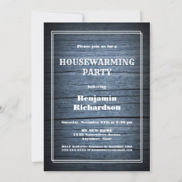 ブルー素朴ウッド引っ越し祝いパーティーパーティー 招待状