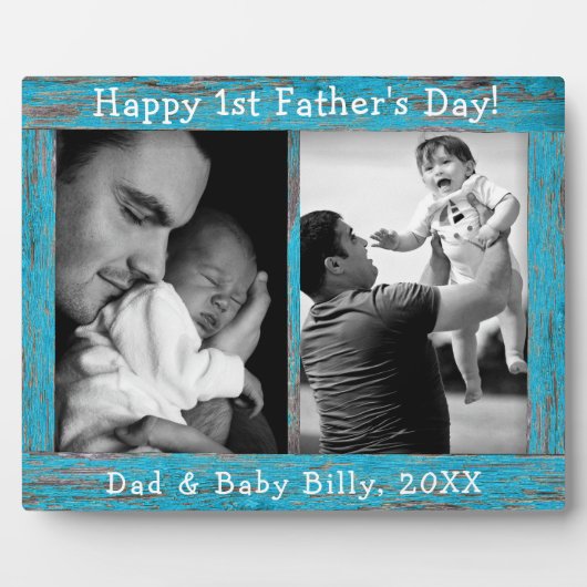 ブルー素朴ウッド文字ファースト父の日の写真 フォトプラーク (正面)