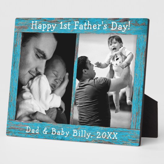 ブルー素朴ウッド文字ファースト父の日の写真 フォトプラーク (側面)