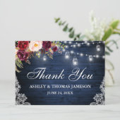 ブルー素朴ウッド結婚のフローラジャイルライトレース サンキューカード (スタンド正面)