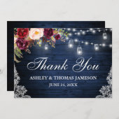 ブルー素朴ウッド結婚のフローラジャイルライトレース サンキューカード (正面/裏面)