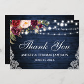 ブルー素朴ウッド結婚ズフローラライトレース感謝してい サンキューカード (正面/裏面)