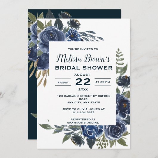 ブルー素朴グリーンユーカリフローラブライダルシャワー 招待状 (正面/裏面)