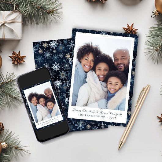 ブルー素朴スエレガントスノーフレークスホリデーフォト シーズンカード