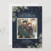 ブルー素朴タータンチェックウッドメリークリスマスフォト シーズンカード (正面)