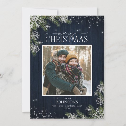 ブルー素朴タータンチェックウッドメリークリスマスフォト シーズンカード (正面)