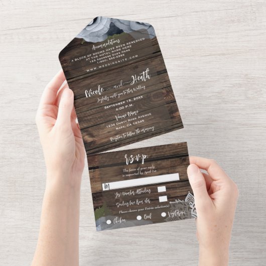 ブルー素朴ダスティバラヴィンテージレース結婚ズ オールインワン招待状 (貼ってはがせる)