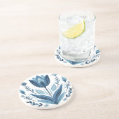 ブルー素朴チューリップフラワーフォークアートボタニカルデザイン コースター (側面)