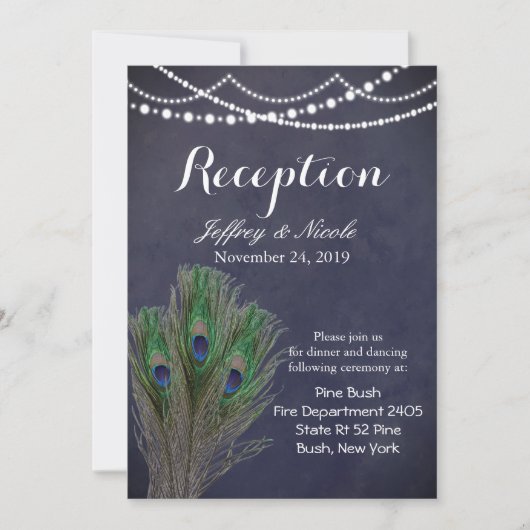 ブルー素朴ティール（緑がかった色）フェザーピーコ結婚ックのカード 招待状 (正面)