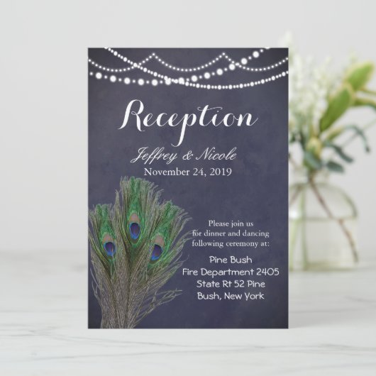 ブルー素朴ティール（緑がかった色）フェザーピーコ結婚ックのカード 招待状 (スタンド正面)