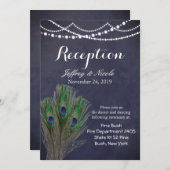 ブルー素朴ティール（緑がかった色）フェザーピーコ結婚ックのカード 招待状 (正面/裏面)