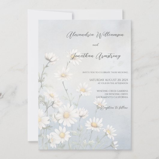 ブルー素朴デイジーの淡い色のフィー結婚ルド 招待状 (正面)