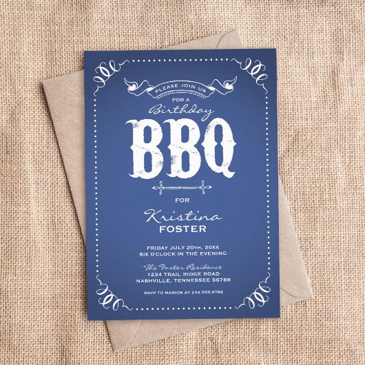 ブルー素朴バースデーパーティーBBQ 招待状