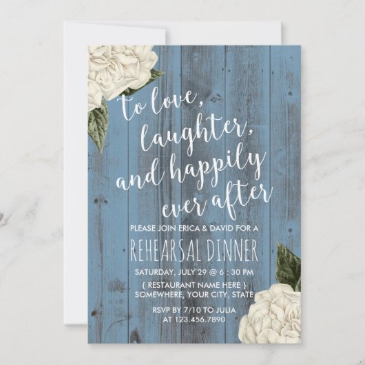 ブルー素朴バーンホワイトフローラリハーサルディナー 招待状 (正面)