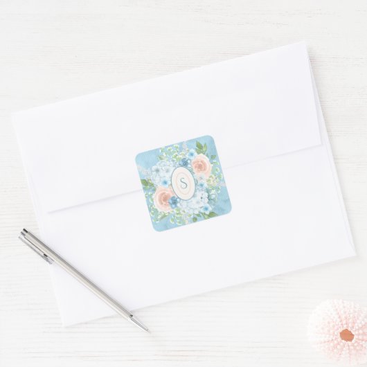 ブルー素朴ピンクグリーンフローラみすぼらしいシック スクエアシール (封筒)