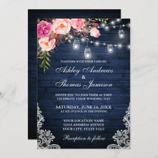 ブルー素朴ピンクフローラレースライトウッド結婚ズ 招待状 (正面/裏面)