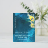 ブルー素朴ピーコック結婚式の日付を保存 案内ポストカード (スタンド正面)