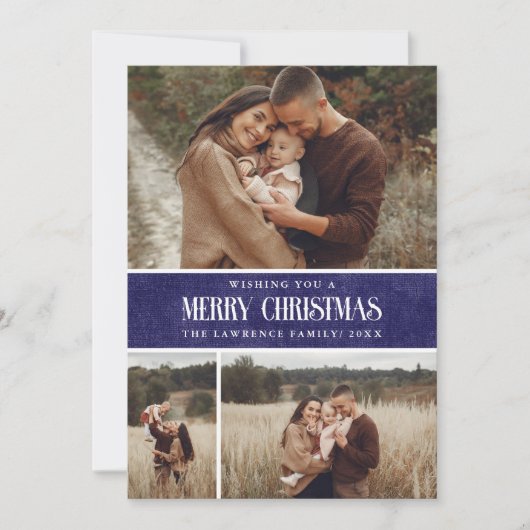ブルー素朴ファームハウスクリスマス3フォトコラージュ シーズンカード (正面)