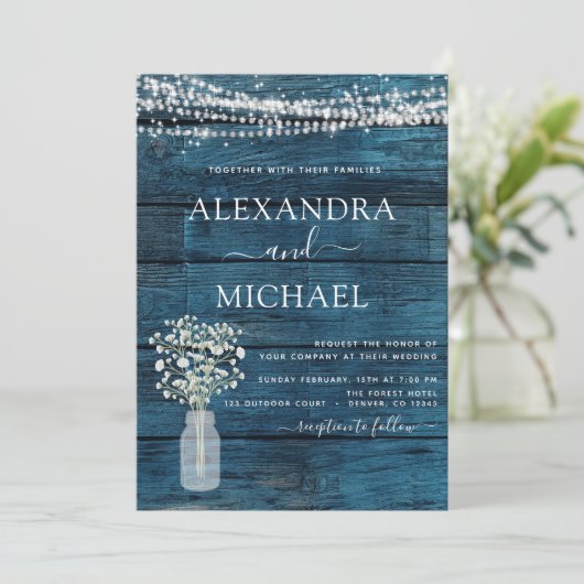 ブルー素朴ファームハウスベビーズブレスジャー結婚ズ 招待状 (スタンド正面)