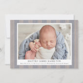 ブルー素朴ファームハウスリネンストライプ誕生 案内状 (正面)