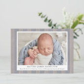 ブルー素朴ファームハウスリネンストライプ誕生 案内状 (スタンド正面)