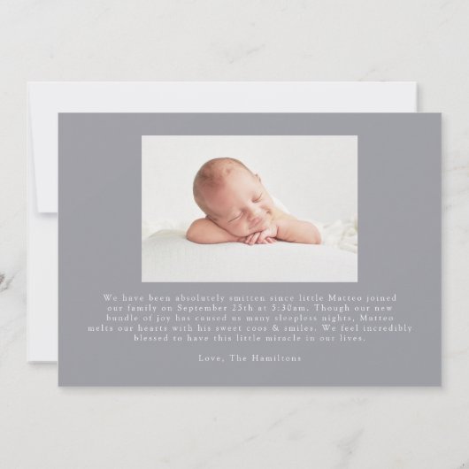 ブルー素朴ファームハウスリネンストライプ誕生 案内状 (裏面)