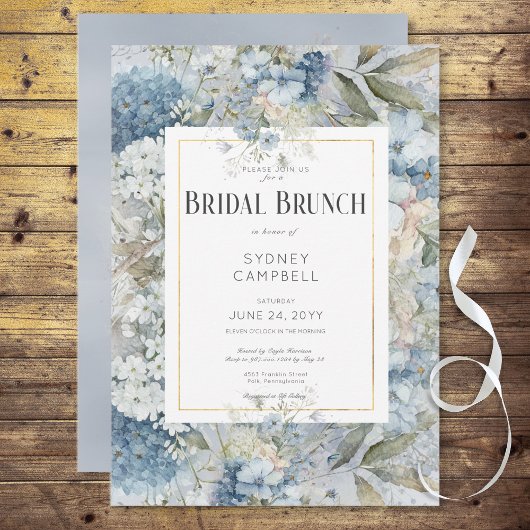 ブルー素朴フローラウォーターカラーブライダルブランチ 招待状