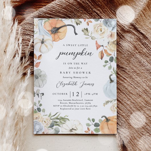 ブルー素朴フローラカボチャ男の子ベイビーシャワー 招待状